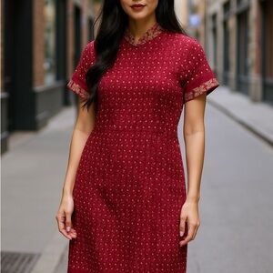 Vintage Burgundy Patterned Midi Dress